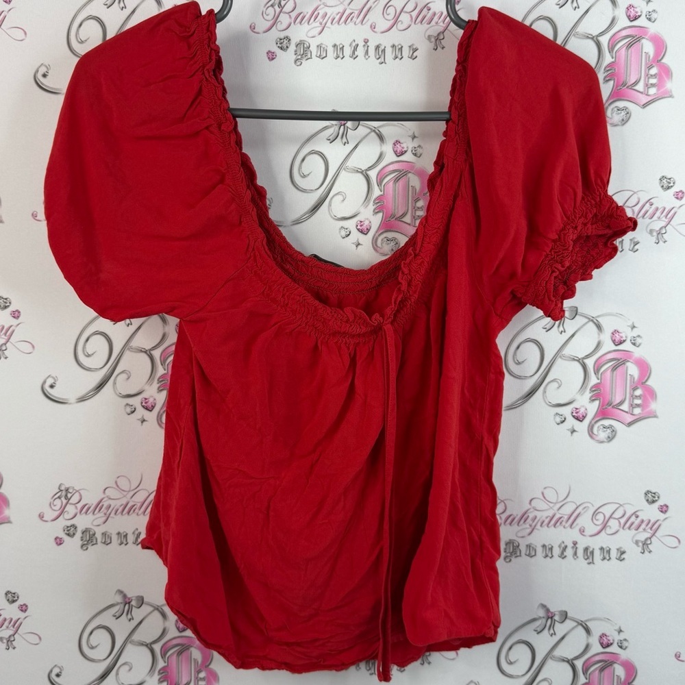 Active USA top cropped milk maid style bright Red Women's Blouse smocked